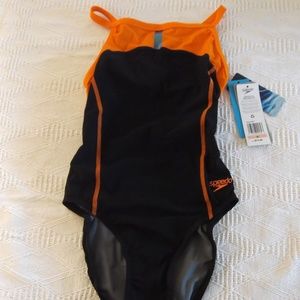 NWT Speedo PowerPLUS Black Orange One Piece Swim S